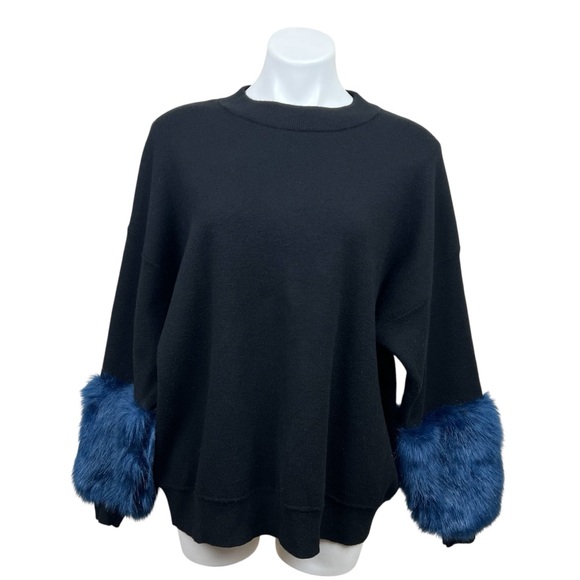 Zara Knit Black Sweater with Blue Faux Fur Cuffs M - Picture 1 of 7